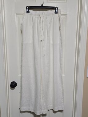 Max Studio Cream Linen Blend Drawstring Wide-Leg Pants